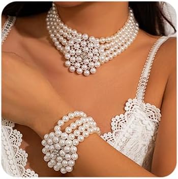 Octwine Boho Sparkling Silver Women's 1920s Pearls Rhinestones Necklace Bracelet Set for Wedding, Prom, Party & Daily Wear