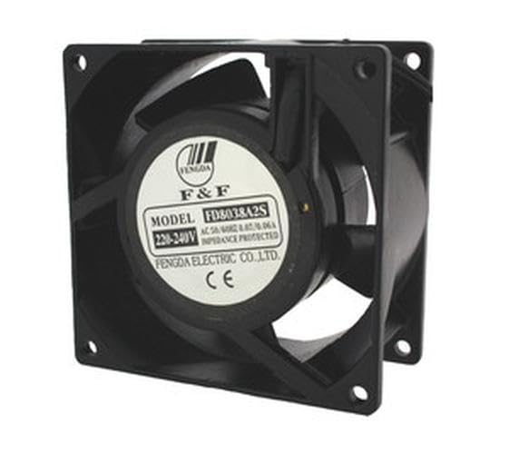 Fan 80x80 mm, 220VAC, friction bearings, ideal for cooling in electrical equipment and ventilation of enclosed spaces.