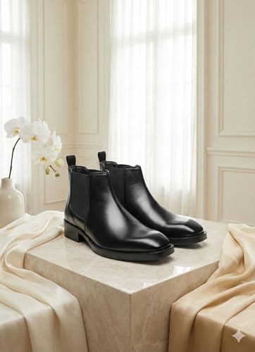 Image of Comforts Men's Classic Chelsea Boots, Leather, High Heel Ankle Boots with Elastic Side Panels