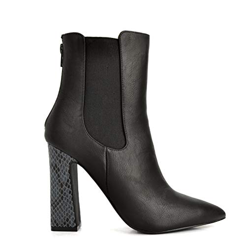 SHOE REPUBLIC LA Women's Pointed Toe Booties Snakeskin Block Chunky Ankle Boots Back Zip High Heels Sulphur Black Size 8.5