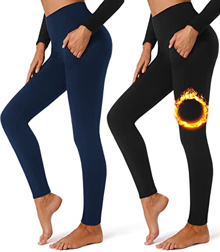 FULLSOFT 2 Pack Fleece Lined Leggings with Pockets for Women High Waisted Thermal Winter Yoga Pants for Workout Running(Black,Navy Blue(2 Pack),Large-X-Large)