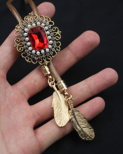 Image of PEARLY JUN Bolo Tie for Men Women Rhinestone Cowboy Brown Country Style Handmade Leather String Rodeo Festive Days Gifts