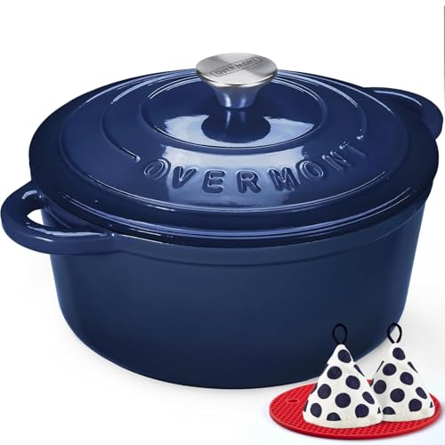 Image of Overmont Enameled Cast Iron Dutch Oven - 7QT Pot with Lid Cookbook & Cotton Potholders - Heavy-Duty Cookware for Braising, Stews, Roasting, Bread Baking IndigoBlue