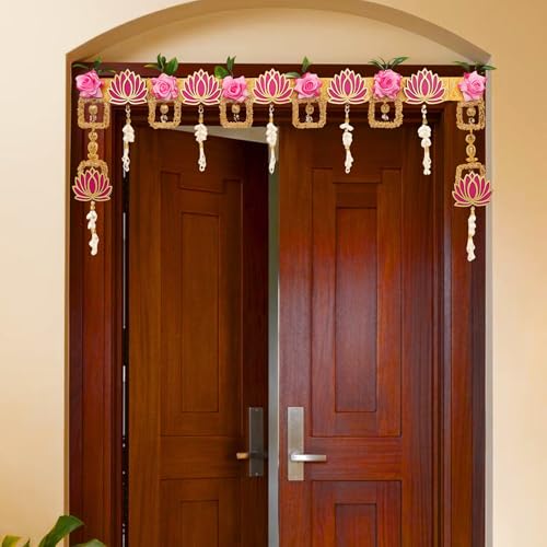 Image of torans for Entrance Door, Flower Hanging for Home Decor| Lotus Hanging for Decoration with Pink Roses & Lotus,Thoran,Bandhanwar for Main Door Diwali Decoration,Size 37 to 41 Inch