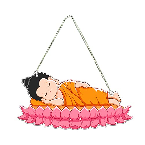 Image of Artvibes Little Monk Buddha Sleeping Peacefully Wooden Wall Hanging for Serene Vibes | Spiritual Decor Items | Wall Art Painting For Hall | Wall Paintings | Handcrafted Art | Gift Items (WH 5507N)