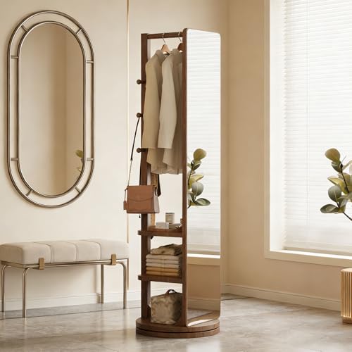 Espejo de cuerpo completo con perchero, espejo de madera maciza giratorio de 360° con colgador de almacenamiento y estantes abiertos para sala de estar, dormitorio o guardarropa