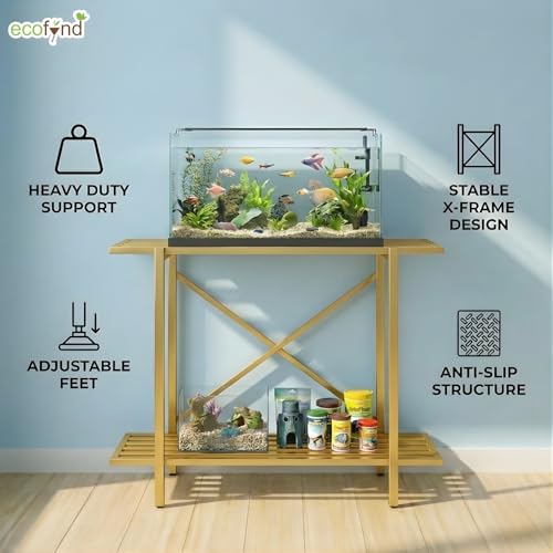 Image of ecofynd 2-Tier Fish Tank Stand, Double-Layer Aquarium Stand with Adjustable Table Feet, Heavy Metal Storage Rack Suitable for Home and Office, (Gold, FS-PS049)