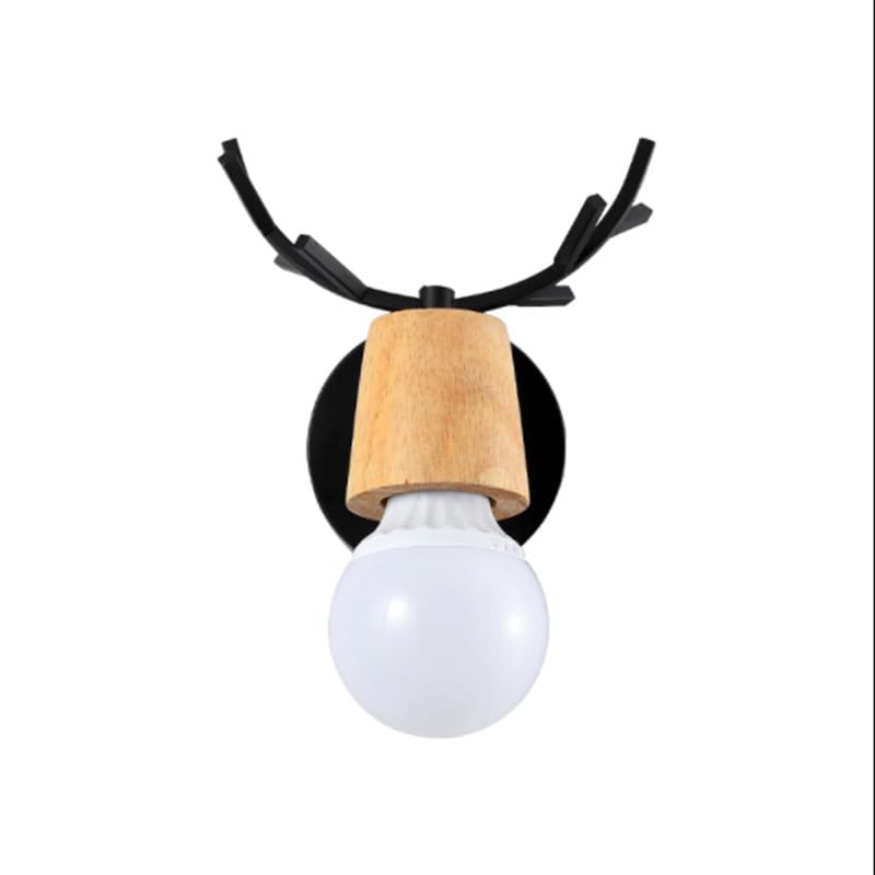 Image of LITFAD Minimalist Wall Sconce Deer Horn Shape Wall Light Modern Wall Mounted Lamps Single Light Exposed Bulb Design Wall Lighting Fixtures for for Hallway, Bedroom, Living Room, Bathroom,Black-Wood