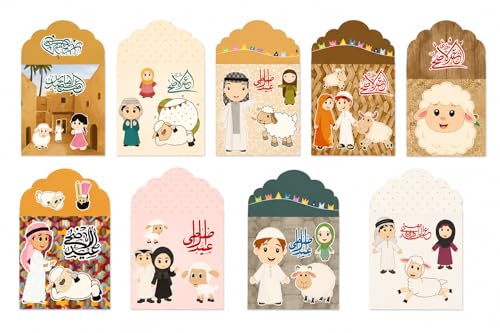FAM 10PCS Eid Money Envelopes Set Gift Cash Envelopes with Cute Cartoon & Arabic Designs for Eidi Al Adha Eid Celebrations Party Gifts & Money Giving (Boy & Girl Assorted Design)