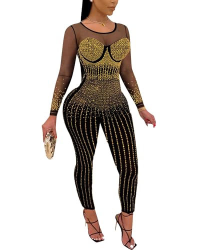 Image of Jigfar Women Sexy Embellished Rhinestone Bodycon Jumpsuit Mesh See Through Patchwork Birthday Party Night Out Clubwear
