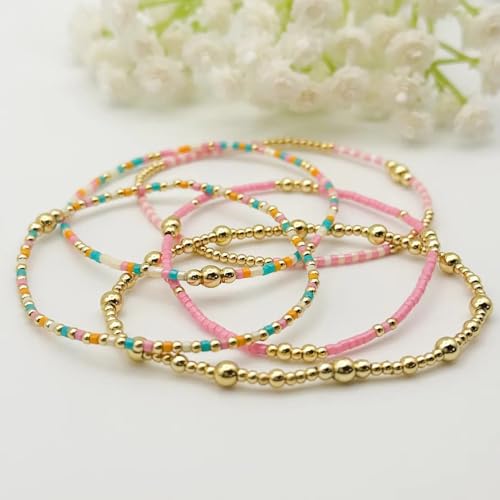 SHINUS BOHO Trendy 14K Gold Plated Pink Beaded Bracelets Stack Set for Women,Stretch Stackable Statement Bohemian Colorful Beads Ball Trendy Jewelry Fashion Gifts Holiday by SHINUS BOHO - Used condition - Image 6