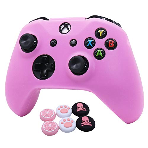 Image of Pink Skins RALAN,Silicone Controller Cover Skin Protector Compatible for Xbox One S /X Controller (Pink Pro Thumb Grip x 2,Cat + Skull Cap &Cover Grip x 2)
