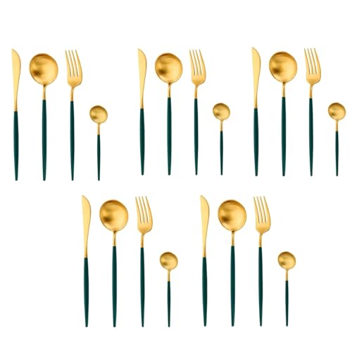 Image of aDai Premium Gold SUS304 Stainless Steel Cutlery Set - 10 Spoons, 5 Fork, 5 Steak Knife - Mirror Finish Dinnerware Flatware (Green - Set of 20)