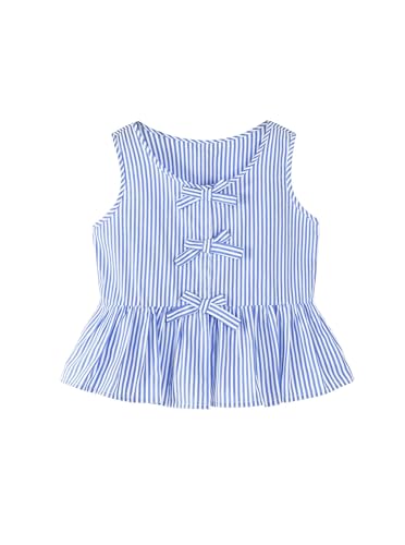 Image of Girls Bowknot Tank Tops Sleeveless Striped Shirts Cotton Peplum Babydoll Top