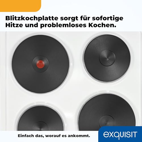Exquisit Elektro-Standherd | 48 l Garraum, Energieklasse A, 1800 W Ofenleistung | Ober- und Unterhitze, Kochfeld mit vier Kochstellen, Innenbeleuchtung, Drehknopfbedienung, freistehend | EH 9.3-9