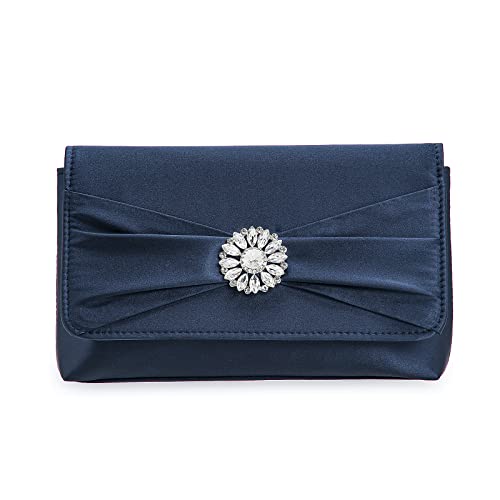 Charming Tailor Evening Bag For Women Pleated Flap Satin Formal Purse Diamantes Brooch Embellished Clutch (Navy Blue) #TOP1