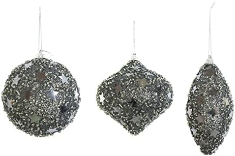HOVUK® 3x Platinum Glitter Beaded Baubles with Foil Star, Pre-Tied Silver Metallic Hanging Thread, Christmas Tree Bauble Ornaments for Xmas Party Decoration