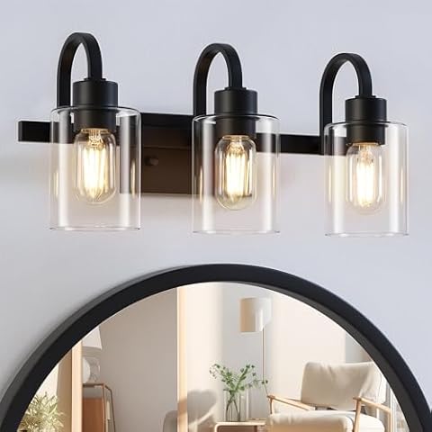 Baocuz 3-Light Bathroom Vanity Light, Black Bathroom Light Fixtures Over Mirror, Modern Black Vanity Light with Clear Glass Shade, Vanity Lights for Bathroom Bedroom Hallway Cover