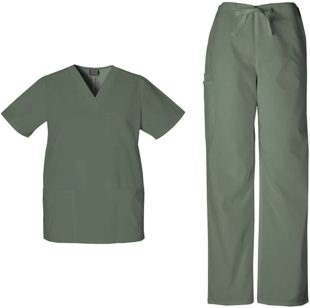 Cherokee Scrub Sets for Women and Men, 6 Pocket Medical Scrubs with V-Neck Top 4876 & Drawstring Cargo Pant 4100