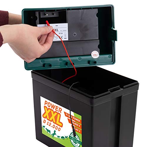 Power XXL B 12.000 Weidezaungerät 9V/12V Set mit Batterie und internationalem Warnschild, Elektrozaungerät, Weidezaun, Rind Pferd Pony Hund Katze Schaf Geflügel