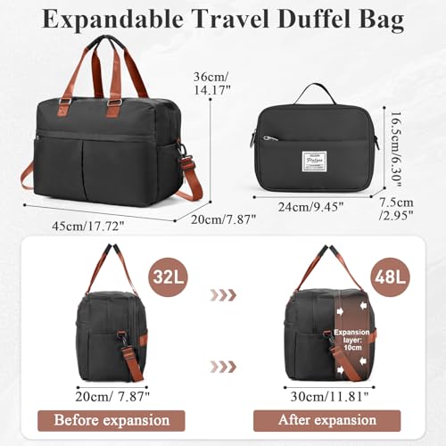 Expandable Personal Item Travel Duffle Bag Weekender Bag for Women Men, Overnight Hospital Carry On Bag with Toiletry Bag for Airplanes Travel Business Trips Sport,Black & Brown2