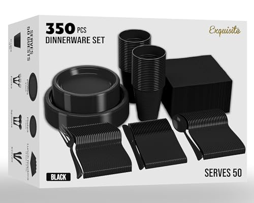 350 PCS Disposable Tableware Combo Pack INCLUDES: 50 9" Black Plastic dinner plates | 50 7" plastic appetizer plates |50 plastic cups | 50 paper napkins | 50 plastic cutlery spoons forks & knives