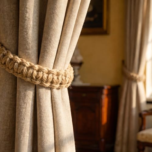 CHUQING Vorhang Raffhalter 4er Set Boho Gardinen Raffhalter für Vorhänge aus Seil Gardinenzubehör für Vintage Vorhänge Natur