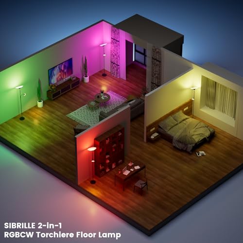 Image of SIBRILLE RGB Torchiere Floor Lamp - 2 Way Dimmable LED Standing Lamp with Remote&Button Control, 34W Rotatable Floor Reading Light, 72'' Tall Modern Corner Lamp for Living Room Bedroom Office, Black