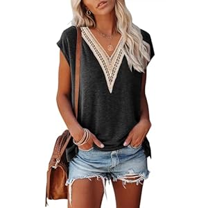 MEROKEETY Women’s Casual Cap Sleeve Lace Trim V Neck Tops 2024 Summer Loose Tee Shirts Blous