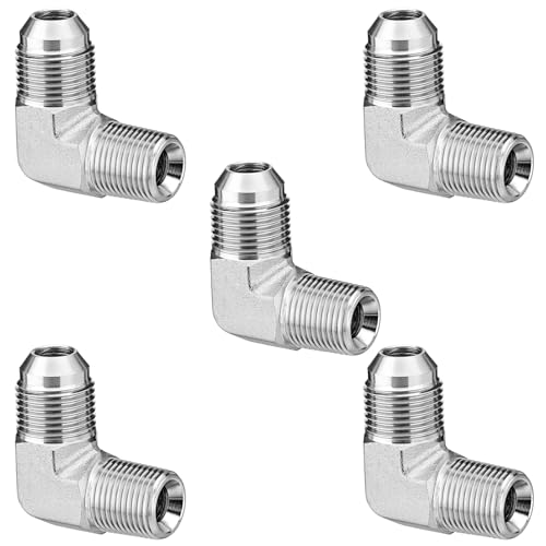 Image of 90 Elbow Hydraulic Adapter Fitting: 1 /2 inch JIC Male x 3 /8 inch NPT Male | 5 Pack Carbon Steel Hydraulic Hose Crimp Connectors with Protective Covers for Hydraulic Applications - 2501-08-06