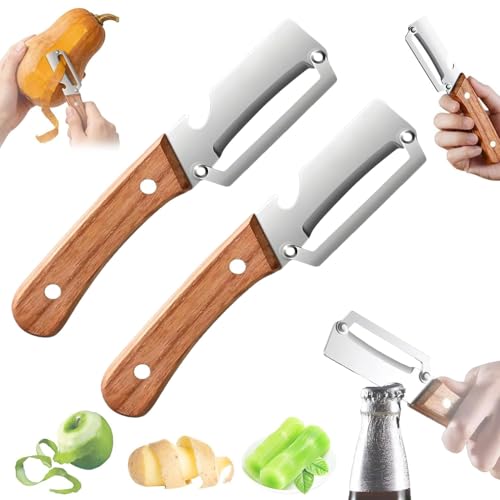 2PCS Éplucheur Légumes Multifonction, 2 en 1 Économe avec Lame Inox Ultra-Tranchante et Manche Bois Ergonomique, Épluchage sans effort des pommes de terre, pommes, carottes et