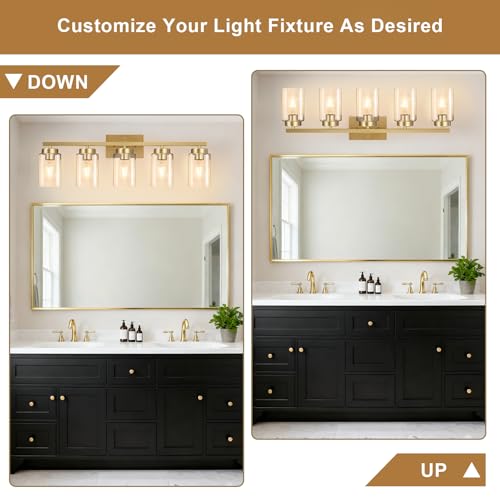 Image of IZORRO Bathroom Light Fixtures, Modern Vanity Lights, Bathroom Lighting Fixtures Over Mirror with Clear Glass Shade, Wall Sconce for Living Room Cabinet Bedroom (Brushed Gold, 5-Light)