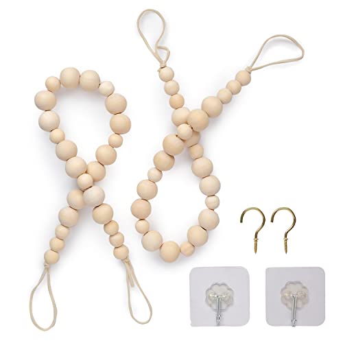 Image of Wood Bead Curtain Tieback Set of 2, Curtain Holdback, Curtain Tie, Curtain Pull Back, Curtain Holder, Rope Curtain Tieback Hooks, Curtain Tie Back Curtain Tie Drape Beaded Curtain Tieback Boho Natural