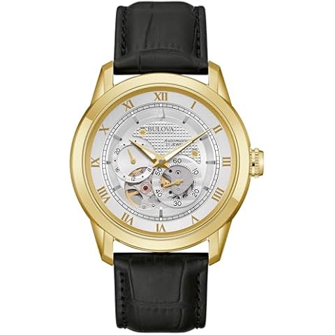 Bulova Men's Classic Sutton 4-Hand Automatic Watch with Gold Stainless Steel, Black Leather Strap,Open Aperture,Exhibition Caseback, Double Curved Mineral Crystal, 42mm (Model: 97A187) Cover