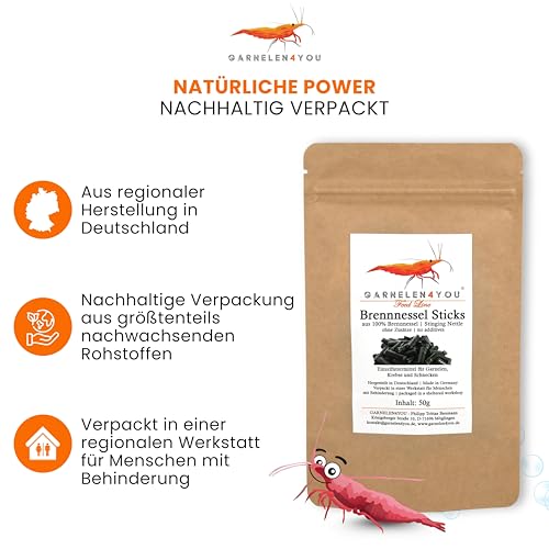 GARNELEN4YOU® Brennnessel Sticks – Premium Garnelenfutter aus 100% Brennnessel – pflanzliche Futter Pellets für Garnelen, Krebse & Schnecken – nachhaltige Verpackung – Made in Germany – 50 g
