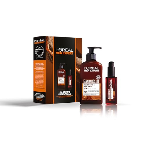 L'Oréal Paris Men Expert Barber's Essentials Gift Set for Him, 3-in-1 Beard, Face & Hair Wash and Beard & Skin Oil, With Cedarwood Oil, Gift Set for Men