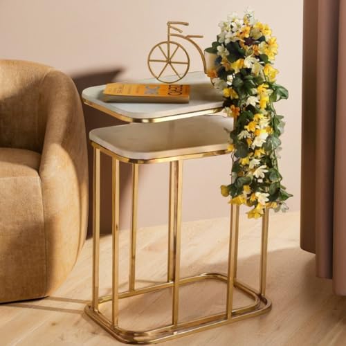 Image of Iron Frame Coffee Table with Premium Wooden top Handmade Rectangular Sofa Side Table for Sofa Side, Bed Side, Drawing Room, Bed Room (White Gold)