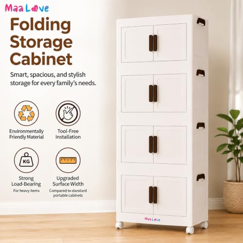 Image of Foldable Plastic Rack for Storage Cabinet with Wheels | Multipurpose Shelf Storage Services Almirah Wardrobe for Clothes, Kitchen Cupboard | Plastic Organizer (Regular Door)