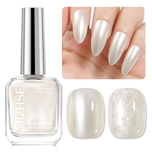 MIZHSE Quick Dry Pearl White Nail Polish Fast Drying Pearlescent Nail Polish Air Drying 16ml Milky White Nail Lacquer Non Gel Oil-based Nail Art Manicure Home DIY Gift for Women
