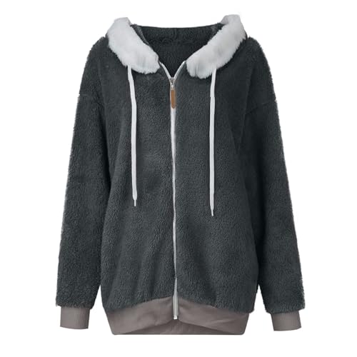 Fuzzy Fleece Jackets for Women Plus Size Hoodies Fall Winter Coats Color Block Patchwork Cardigan Coat with Pockets