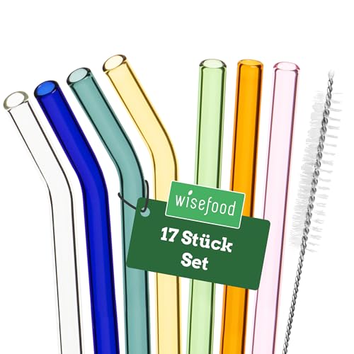 Wisefood Glasstrohhalme Strohhalme Ø 10 mm [14 Stk.] wiederverwendbare Strohhalme Glas mit 2 x Strohhalm Bürste [bunt] Trinkhalme Glas mit Strohhalm [Size 21 5 cm] Straws lang | Glasstrohhalm kurz
