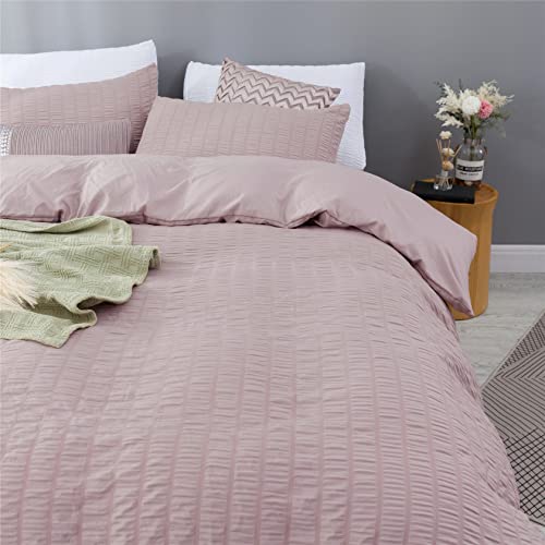Bowavat Seersucker Duvet Cover Full/Queen Size,100% Washed Microfiber 3 Pieces Pink Mocha Duvet Cover Set, Soft Bedding Set With Zipper Closure And Corner Ties (Pink Mocha, Full/Queen) #TOP2