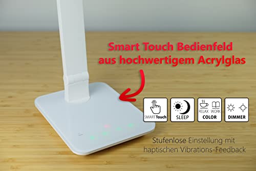 FeinTech LTL00100 LED Schreibtisch-Lampe Lichtfarbe warmweiß bis kaltweiß dimmbar 550 lm, Aluminium, ABS-Kunststoff, Acrylglas, weiß, 37 x 15 x 43.5 cm