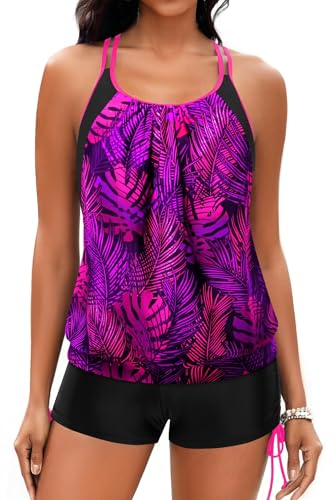 Image of Holipick Tankini Swimsuits Two Piece Tummy Control Bathing Suits Blouson Swim Tank Top with Boy Shorts