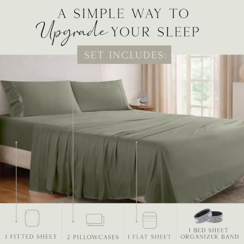 Image of KARISSA MAE Luxury Bamboo Viscose Queen Size Sheet Set | FSC Certified | Cooling | Ultra Soft | 18 inch Deep Pockets | Elastic Corner Straps | Includes Organizer Band [Cypress Green]