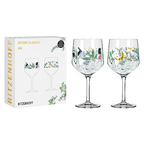 Ritzenhoff 3882001 Bicchiere da gin 700 ml - Set di 2 - Serie Botanic Glamour - 2 calici con motivo a stella e luna - Made in Germany
