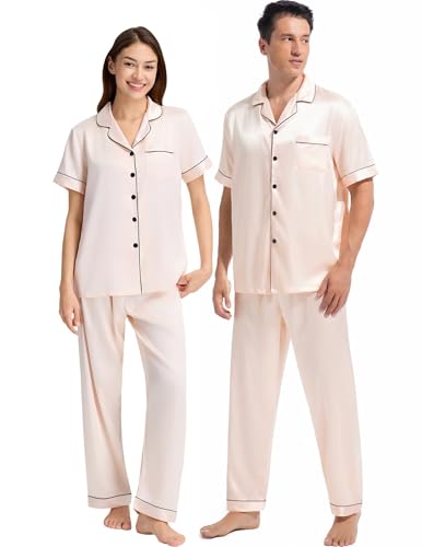 Couples Matching Pajamas Set Silk Satin Short Sleeve Sleepwear Men Button Down Loungewear Champagne Medium