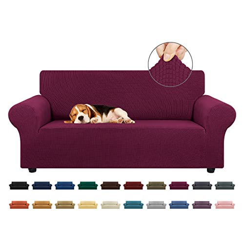 KEKUOU Stretch Loveseat Sofa Cover Slipcover,Couch Covers for 2 Cushion Couch Sofa (55"-78") Furniture Protector Sofa with Elastic Bottom for Kids,Dog. Jacquard Small Checked (Medium,Wine)