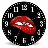 Mxocom Sexy Red Lip Wall Clock Funny Biting Lip Pattern 10 Inch Silent Non Ticking Battery Operated Clock Vintage Round Clock for Living Room Bedroom Bathroom Office Decor
