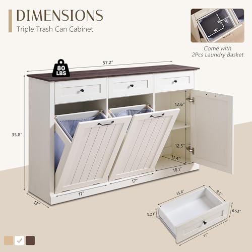 Image of IFGET Triple Tilt Out Trash Cabinet, Wood Trash Can Cabinet, Antique White